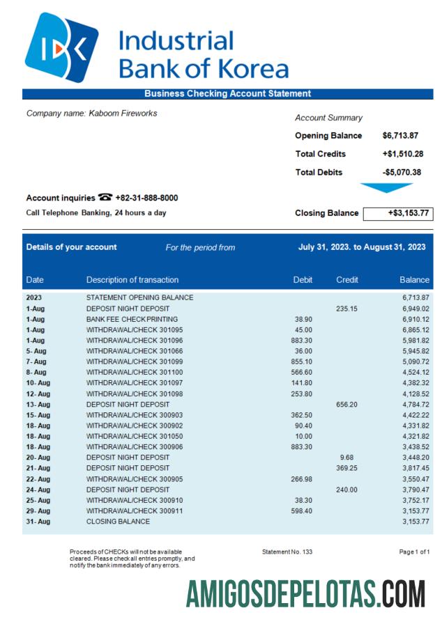 Em branco Industrial Bank Of Korea Business Statement Modelo Word e PDF